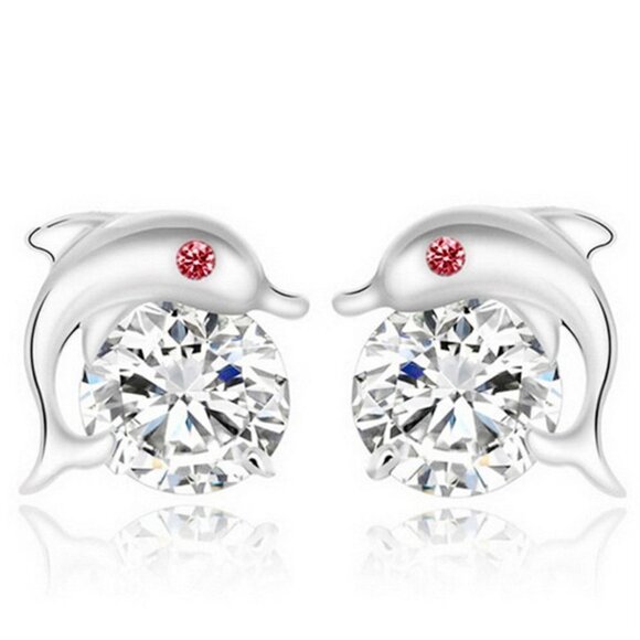 ✔ ACCEPT OFFER Jewelry - 925 Silver Red Eye Dolphin Zircon Stud Earrings for Women, FB16FA1012